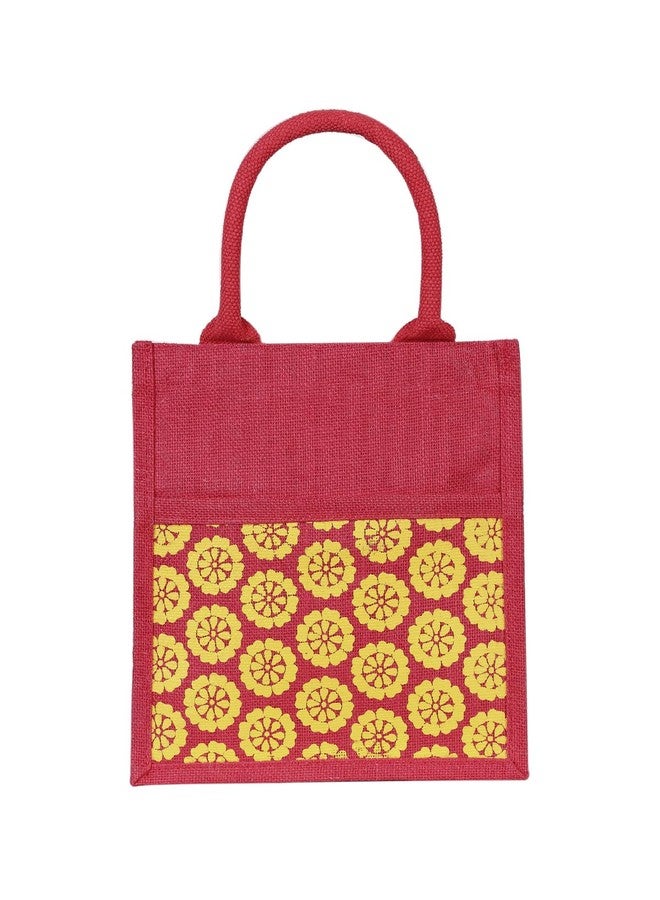 Jute Cottage Jute Bags for Lunch for Women and Men | Jute Grocery Bag | Jute Carry Bag | Jute Tiffin Bags | Jute Bags with Zip| Printed Jute Bag | Floral Print - Red - Image 2